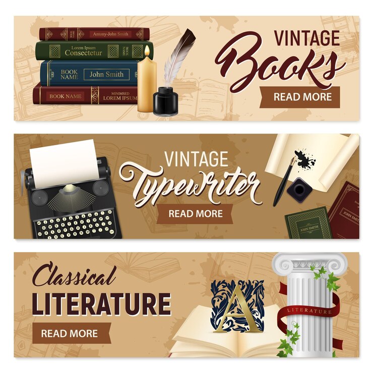 Vetor grátis conjunto de livros vintage realistas de banners horizontais e literatura clássica de máquina de escrever em bege isolado