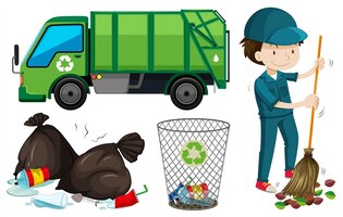 Vetor grátis conjunto de lixo e ilustração do zelador