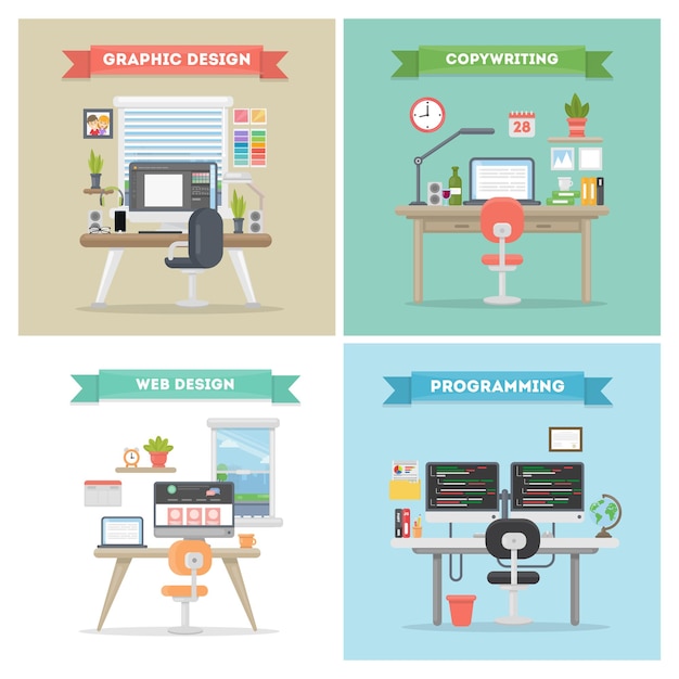 Conjunto de locais de trabalho Programação e redação web e design gráfico