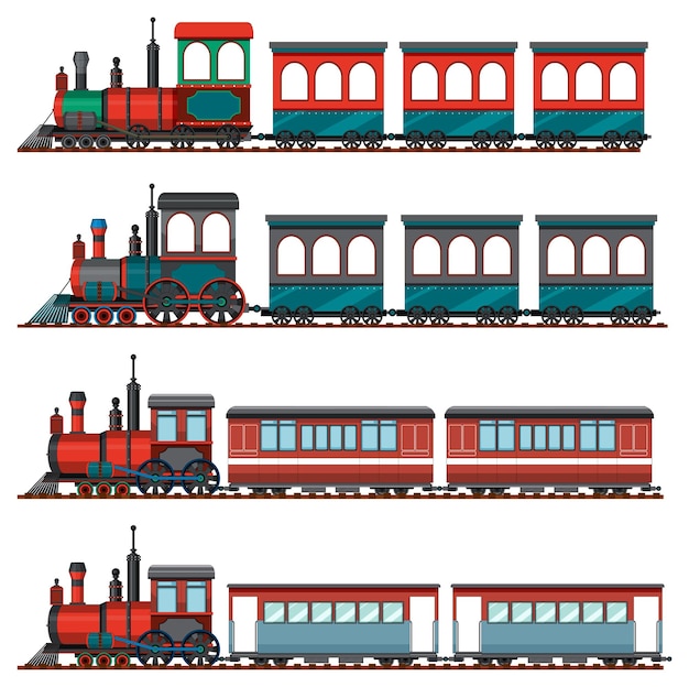 Vetor grátis conjunto de locomotivas a vapor diferentes