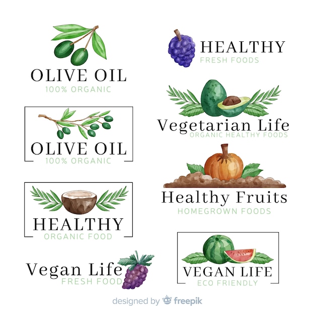 Vetor grátis conjunto de logotipo de comida saudável aquarela
