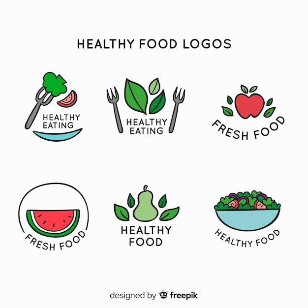 Conjunto de logotipo de comida saudável de mão desenhada
