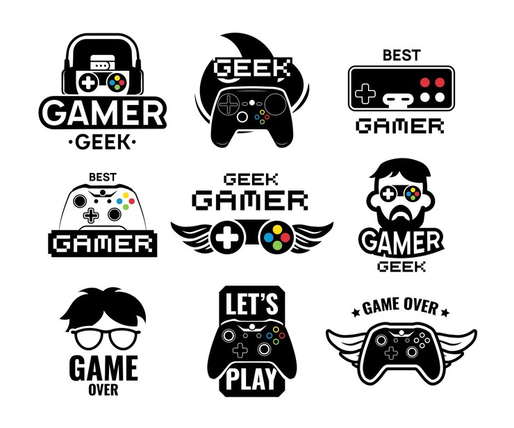 Vetor grátis conjunto de logotipo de videogame. emblemas com jogador, controlador de console joystick vintage e moderno, fone de ouvido. ilustração em vetor isolada para modelo de etiqueta de jogo online