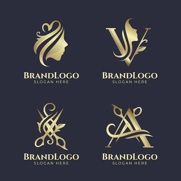 Conjunto de logotipo dourado de salão de cabeleireiro