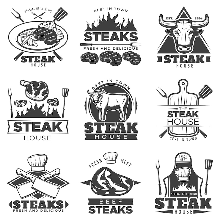 Vetor grátis conjunto de logotipo vintage steak