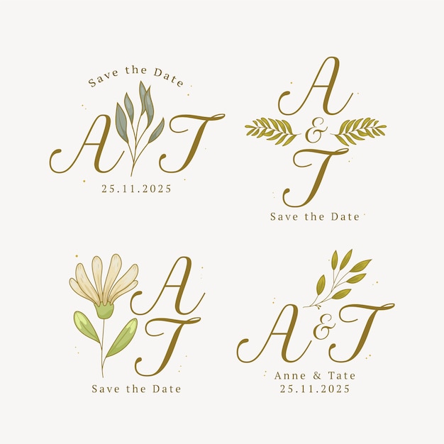 Conjunto de logotipos de casamento desenhados à mão