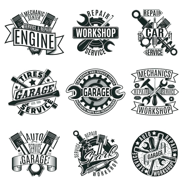 Conjunto de logotipos monocromáticos de reparos de automóveis