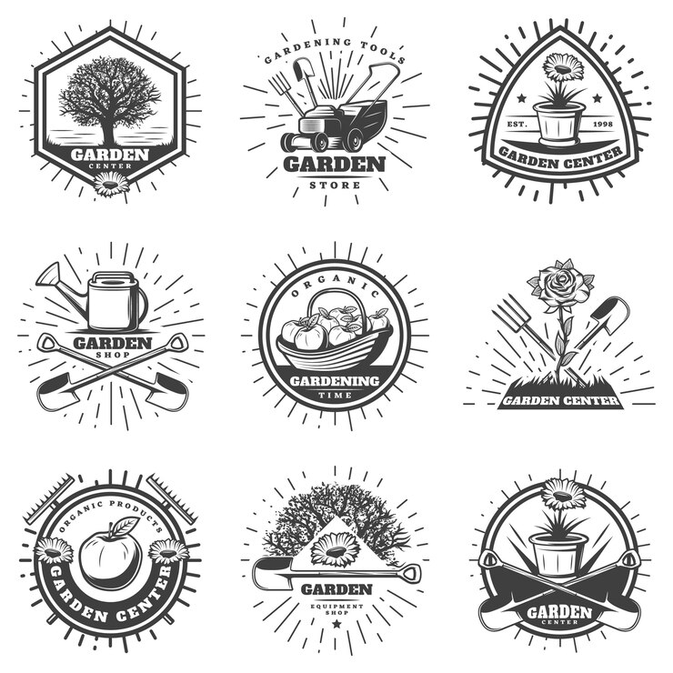 Vetor grátis conjunto de logotipos vintage monocromáticos de jardinagem