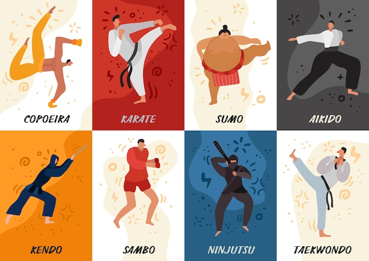 Vetor grátis conjunto de lutadores de cartas planas de várias artes marciais durante o exercício isolado em uma ilustração colorida
