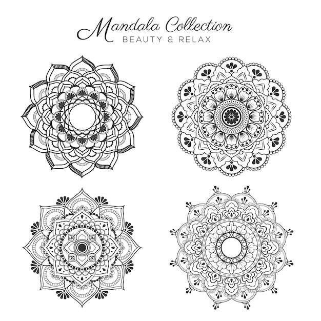 Conjunto de mandala design decorativo e decorativo para colorir página, cartão, convite, tatuagem, ioga e spa símbolo