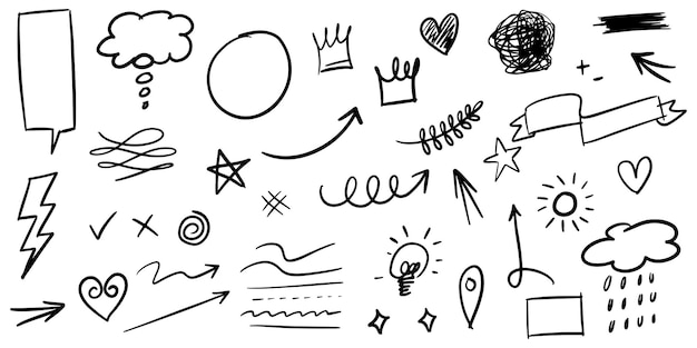 Conjunto de mão desenhada de swish, swashes e swashes encaracolados. setas abstratas, seta, coração, amor, estrela, folha, sol, luz, coroa, rei, rainha, no estilo doodle para design de conceito. ilustração vetorial.