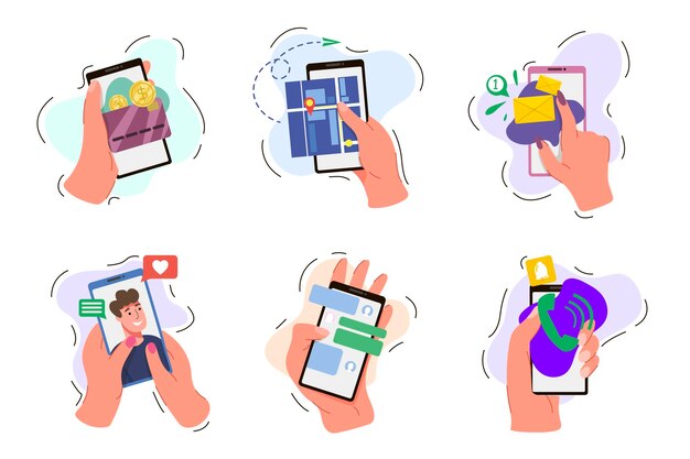 Conjunto de mãos segurando telefones celulares. Ilustrações vetoriais de usuários de internet femininos e masculinos. Aplicativos online de desenho animado para pagamento, mapa, bate-papo nas mídias sociais isolados em branco. Conceito de tecnologia de rede
