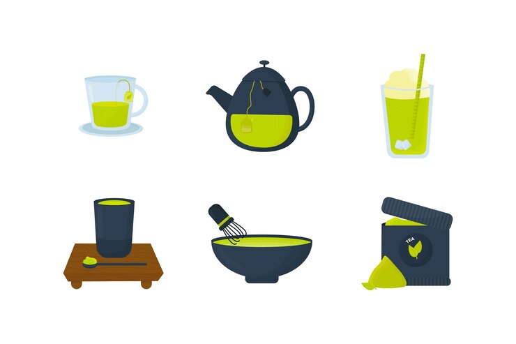Vetor grátis conjunto de matcha chá em pó e líquido