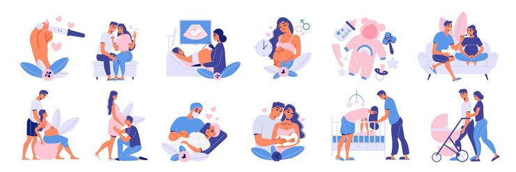 Vetor grátis conjunto de maternidade grávida de imagens de ícones isolados de coisas de bebê com personagens de pais e ilustração vetorial de médico