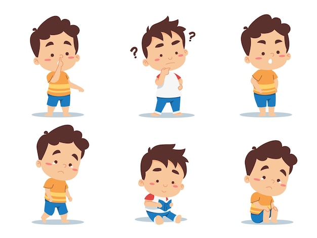 Conjunto de meninos várias poses e emoções em personagem de desenho animado isolado em ilustração vetorial de fundo branco