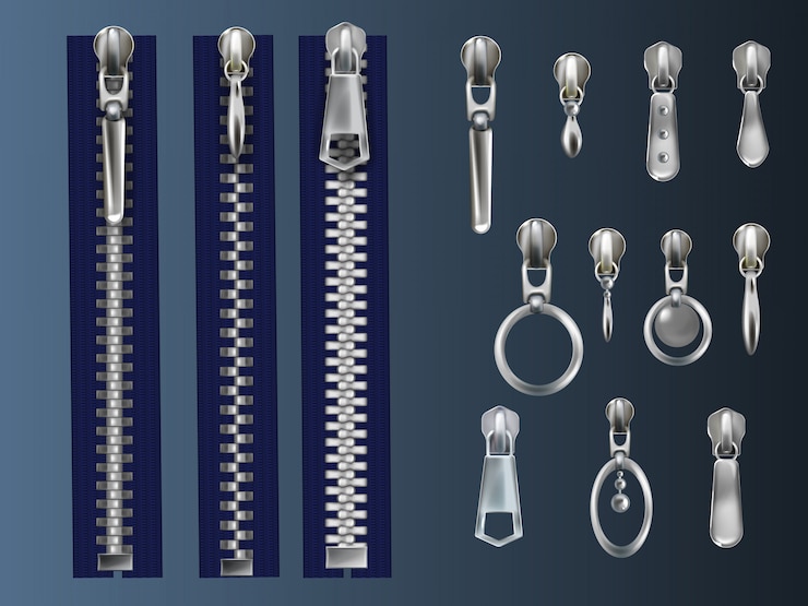 Vetor grátis conjunto de metal, zíperes fechados na fita de tecido azul e extratores de aço com vários ilhós