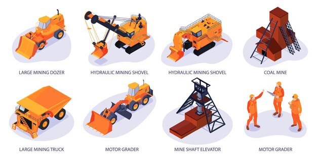 Vetor grátis conjunto de mineração isométrica de composições isoladas com veículos de máquinas laranja, prédios de elevadores de minas de carvão e ilustração vetorial de mineiros