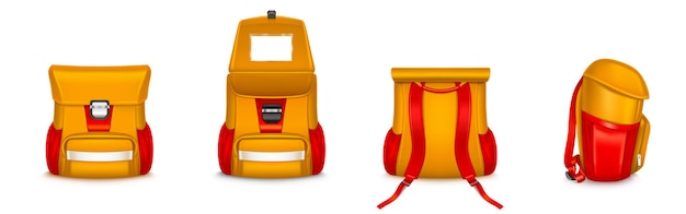 Conjunto de mochila ou mochila escolar de crianças isolado no branco.