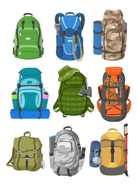 Vetor grátis conjunto de mochilas de acampamento