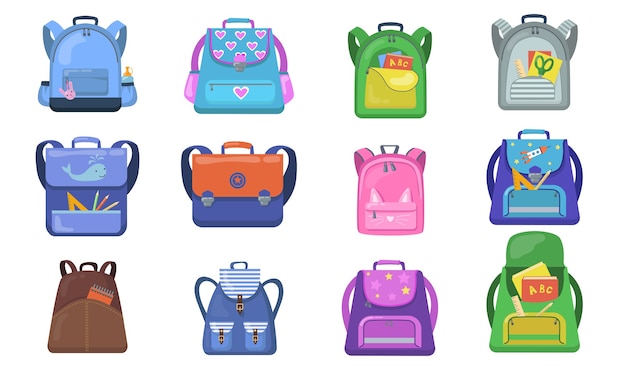 Conjunto de mochilas escolares. sacos coloridos para alunos do ensino fundamental, mochilas abertas para crianças com material escolar dentro. ilustrações vetoriais para voltar às aulas, educação, artigos de papelaria, conceito de infância