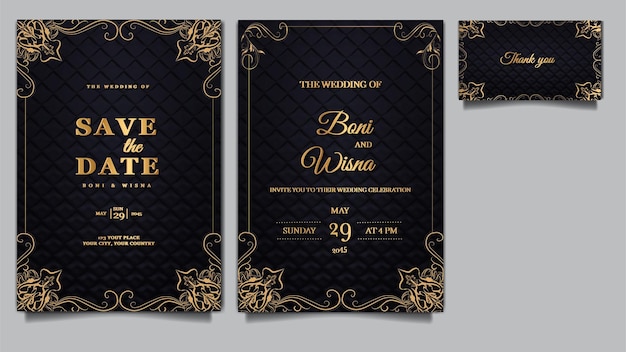 Vetor grátis conjunto de modelo de design de papel de cartão de convite de casamento de luxo