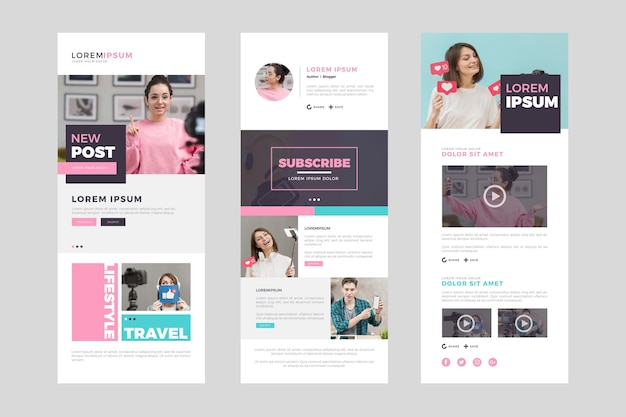 Vetor grátis conjunto de modelo de e-mail do blogger com fotos