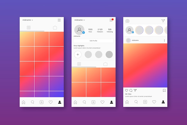 Conjunto de modelo de interface de perfil do Instagram