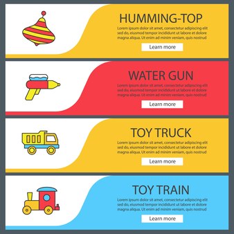 Conjunto de modelos de banner da web de brinquedos para crianças. pistola de zumbido, pistola de água, caminhão de brinquedo e trem. itens de menu de cores do site. conceitos de design de cabeçalhos de vetor