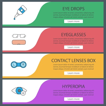 Conjunto de modelos de banner da web de oftalmologia. colírio, estojo de óculos, caixa de lentes de contato, hipermetropia. itens do menu de cores do site. conceitos de design de cabeçalhos vetoriais