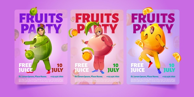 Vetor grátis conjunto de modelos de cartaz de festa de frutas dos desenhos animados