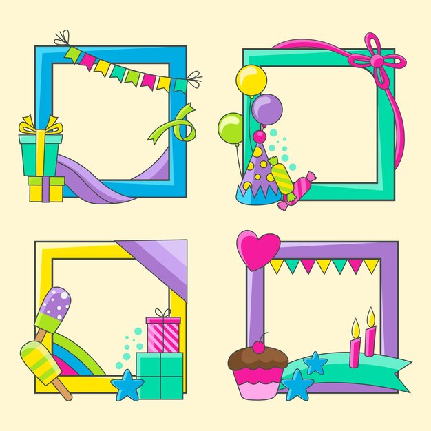 Conjunto de moldura de colagem de aniversário desenhada à mão