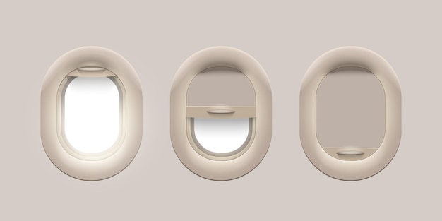 Conjunto de moldura marrom de três janelas de avião de vigia