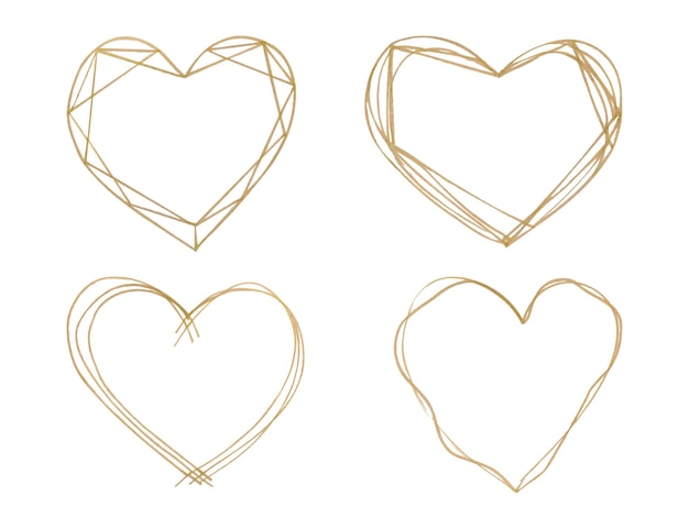 Conjunto de molduras em aquarela desenhada à mão texturizada em forma de coração dourado