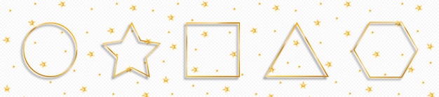 Conjunto de molduras geométricas douradas em estilo realista isolado em fundo transparente e com estrelas konfetti. molduras de ouro de luxo ou bordas para casamento. coleção de formas geométricas douradas. vetor eps