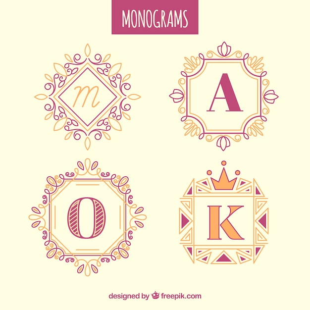 Conjunto de monogramas coloridos desenhados à mão