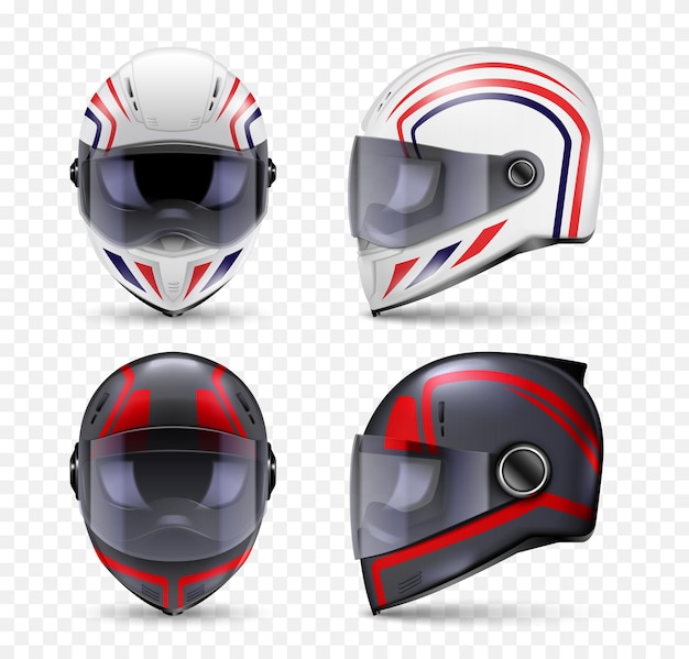 Conjunto de moto de capacete realista de imagens isoladas de vista frontal e lateral de capacete com ilustração vetorial de arte