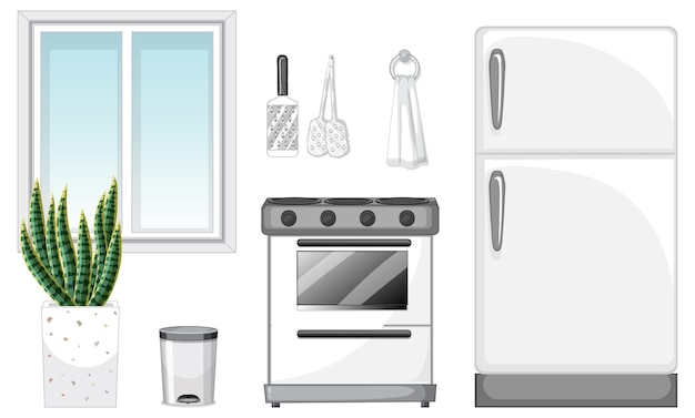 Conjunto de móveis de cozinha para design de interiores em fundo branco