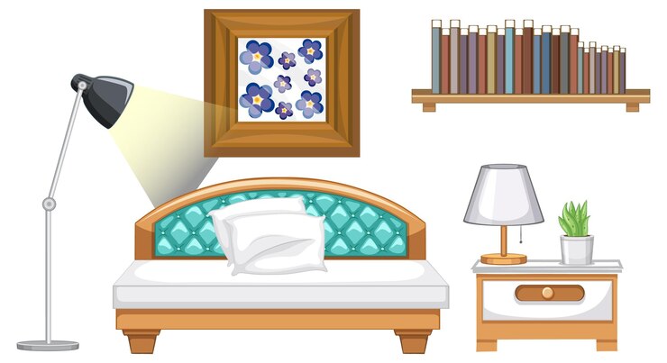 Vetor grátis conjunto de móveis de quarto para design de interiores em fundo branco