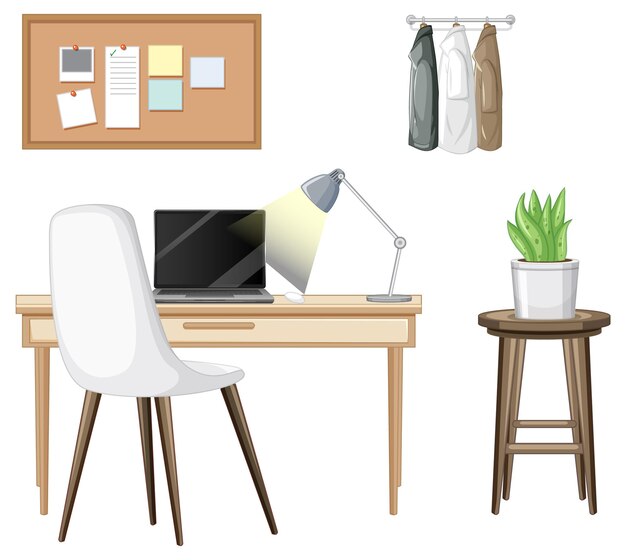 Conjunto de móveis para design de interiores de espaço de trabalho em fundo branco