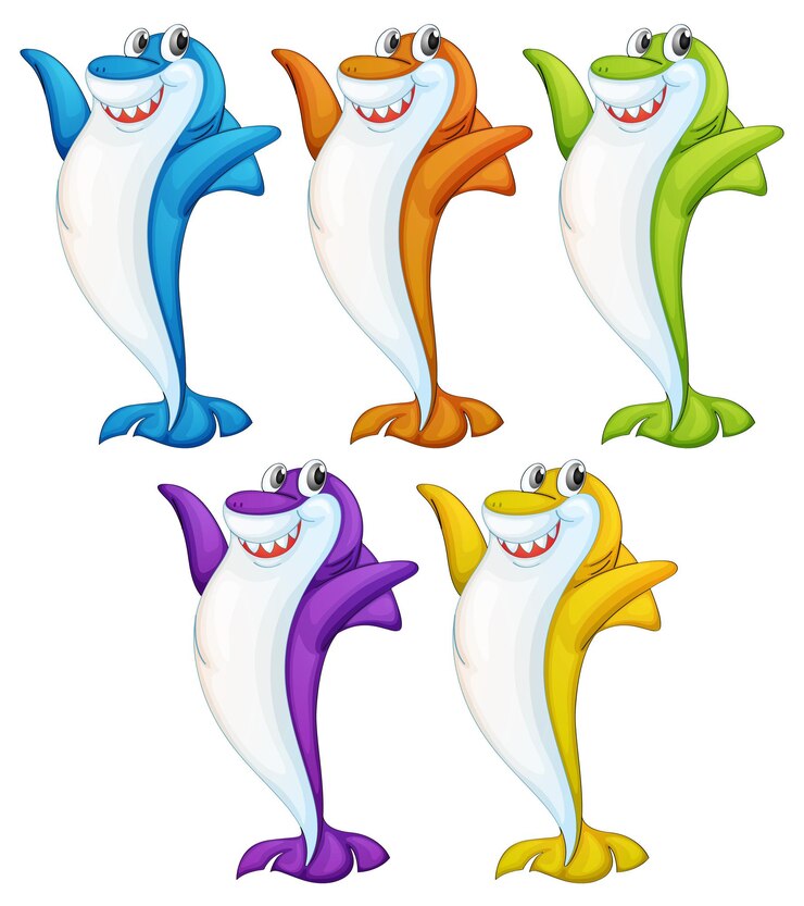 Vetor grátis conjunto de muitos personagens de desenhos animados de tubarão fofinho sorridente, isolado no fundo branco