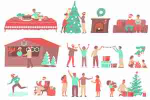 Vetor grátis conjunto de natal com personagens humanos de ícones planos com presentes de decoração e móveis com ilustração vetorial de aluguel de patins de rinque