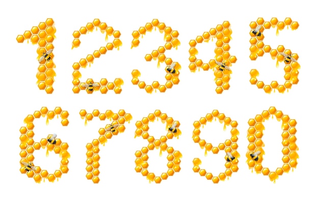 Conjunto de números do favo de mel com gotas de mel e ilustração vetorial plana de design de comida de estilo de desenho animado de abelha isolada no fundo branco.