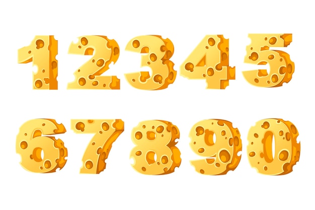 Conjunto de números queijo estilo cartoon comida design ilustração em vetor plana isolada no fundo branco.