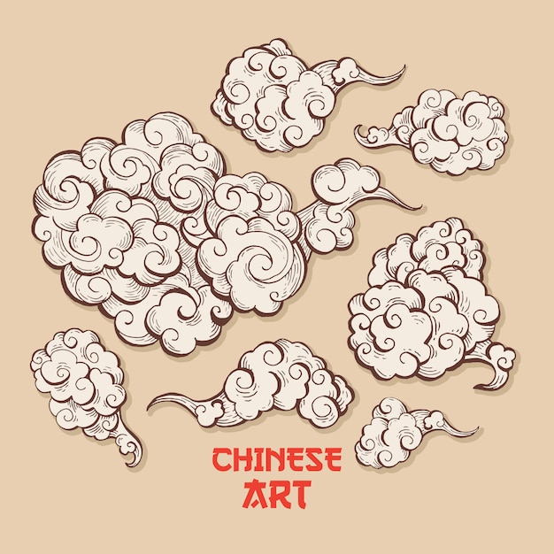 Conjunto de nuvens e vento sopra com estilo de arte chinesa