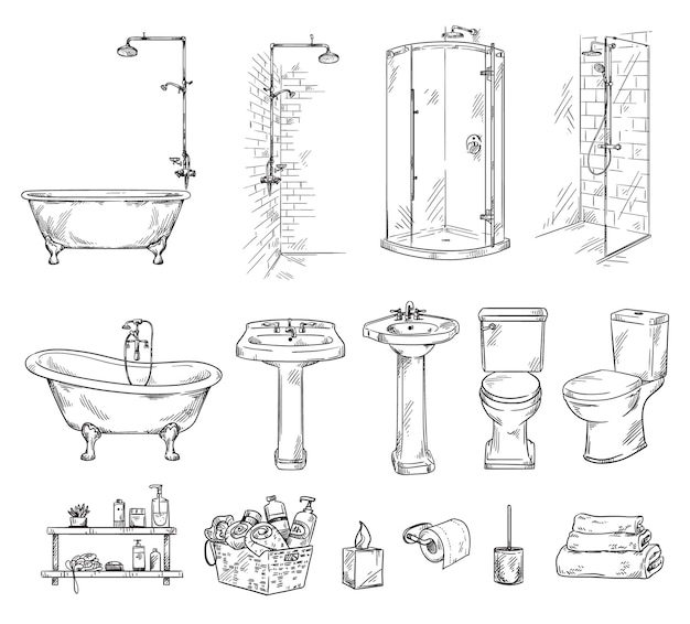 Conjunto de objetos de banheiro banheira shover pia e vaso sanitário esboço de vetor de acessórios de banheiro