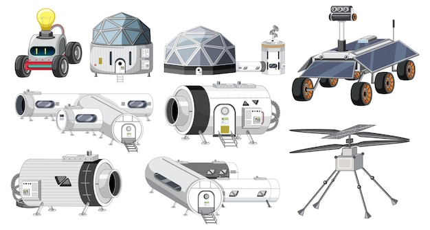 Vetor grátis conjunto de objetos de nave espacial e satélite