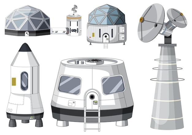 Vetor grátis conjunto de objetos de nave espacial e satélite