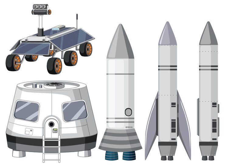 Vetor grátis conjunto de objetos de nave espacial e satélite