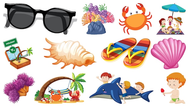 Conjunto de objetos de praia de verão e personagens de desenhos animados