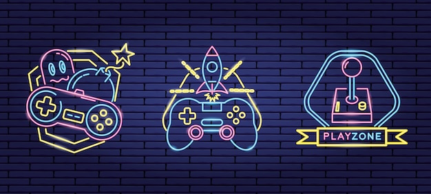 Vetor grátis conjunto de objetos relacionados a jogos de vídeo em neon e estilo linear